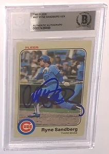 Tarjeta de novato Fleer firmada por Ryne Sandberg 1983 Cachorros béisbol certificado de autenticidad beckett losa - Imagen 1 de 6