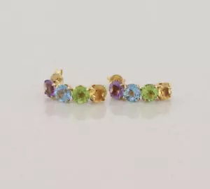 14k Yellow Gold Natural Amethyst, Blue Topaz Peridot Citrine Stud Post Earrings - Picture 1 of 8
