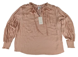 Joie 1X Pink Long Balloon Sleeve Tie Split Neck Flowy Blouse Silky NWT - Picture 1 of 9