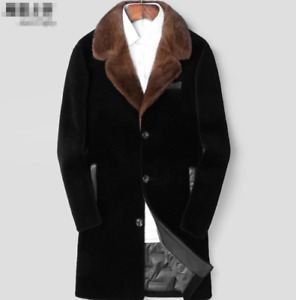 Men's Real Mink Fur Collar Jacket Shearling Lamb Fur Down Warm Parka Trench Coat