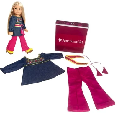 American Girl Julie Muñeca Túnica Conjunto Denim Top Pantalones Zuecos Cinturón Accesorios Caja Foto 1 de 4