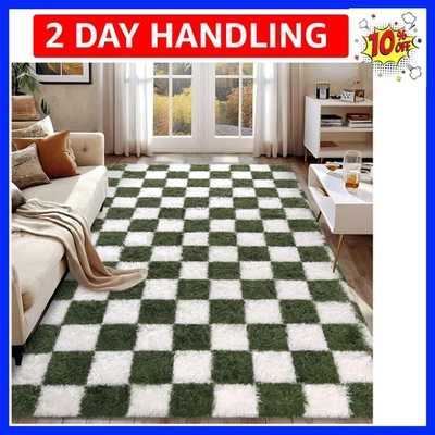 Ковры для гостиной спальни, 5x7 футов темно-зеленый и белый клетчатый небольшой ковер,... - Изображение 1 из 4