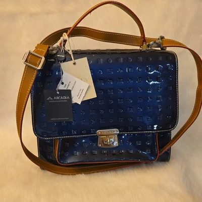 NWT ARCADIA SATCHEL BAG ITALIAN DESIGNER Blue PATENT 1495  LOGO LEATHER  - Image 1 of 4