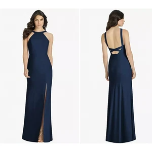 VESTIDO TROMPETA CREPÉ SIN ESPALDA CUELLO ALTO DESSY 3039 TALLA 18 AZUL MEDIANOCHE TALLA NUEVO - Imagen 1 de 5