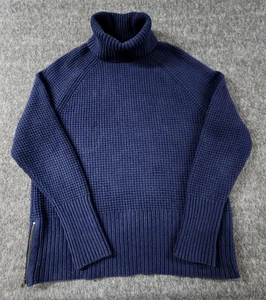 LL Bean Sweater Womens Medium Blue Turtleneck Waffle Knit Side Zippers Pullover - Picture 1 of 20