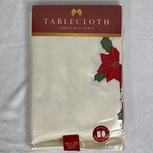 Christmas Spirit Tablecloth 52x70in Oblong Ivory Red Poinsettia Holiday Decor - Picture 1 of 2