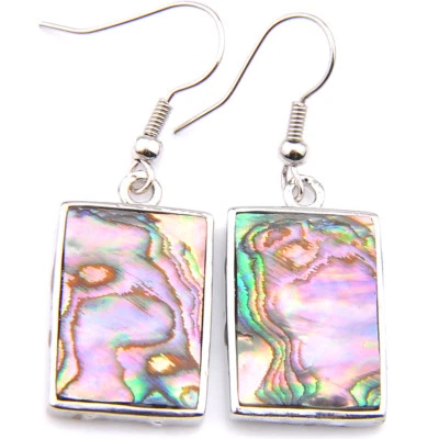 Rectangle 100% Genuine Abalone Shell Gemstone Silver Dangle Hook Earrings - Image 1 of 4