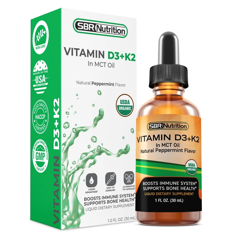 Gotas líquidas de vitamina D3 + K2 (MK-7), aceite MCT, apoyo inmunológico, orgánico del USDA, 1 fl oz Foto 1 de 4