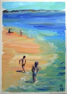 Pintura de playa al óleo original paisaje marino costero impresionismo pintado a mano - Imagen 1 de 6
