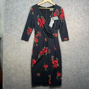 Bombshell Midi Dress Size UK 12 Black & Red Rose Print 3/4 Sleeve Stretchy Retro - Picture 1 of 14