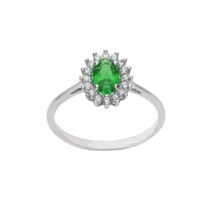 Anello in Oro Bianco 18 Carati con Pietra Centrale Ovale Verde e Zirconi Bianchi - Bild 1 von 1