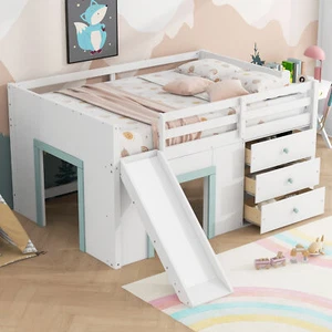Full Size Low Loft Bed Frame with Slide/ Three Storage Drawers/ Two Doors White - Picture 1 of 19