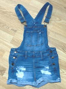 Blue Spice Womens sz 3 Jr Distressed Bib Overalls Denim Jeans Shorts Cuffs - Picture 1 of 4