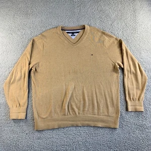 NEW Tommy Hilfiger Sweater Mens 2XL Beige Pima Cotton Pullover V Neck Flag Logo - Picture 1 of 12