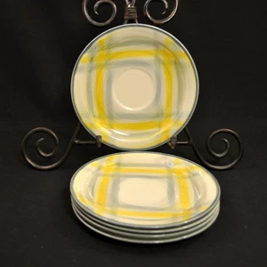 Vernonware 5 Untertassen 6 3/8" Tweed kariert gelb grau Borte Vernon Kerben 1950-1954 - Bild 1 von 17