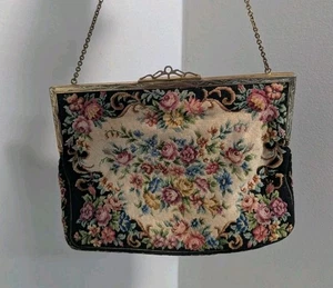 Antique Fine Petit Point Embroidered Floral Evening Purse Bag - Picture 1 of 6