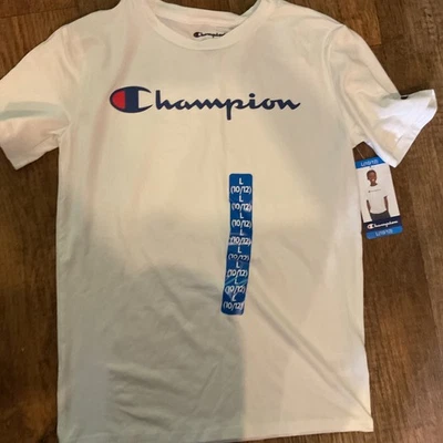 Champion Boys Active T-Shirt Size L 10/12 Bright White W/ Blue Logo - Image 1 of 2