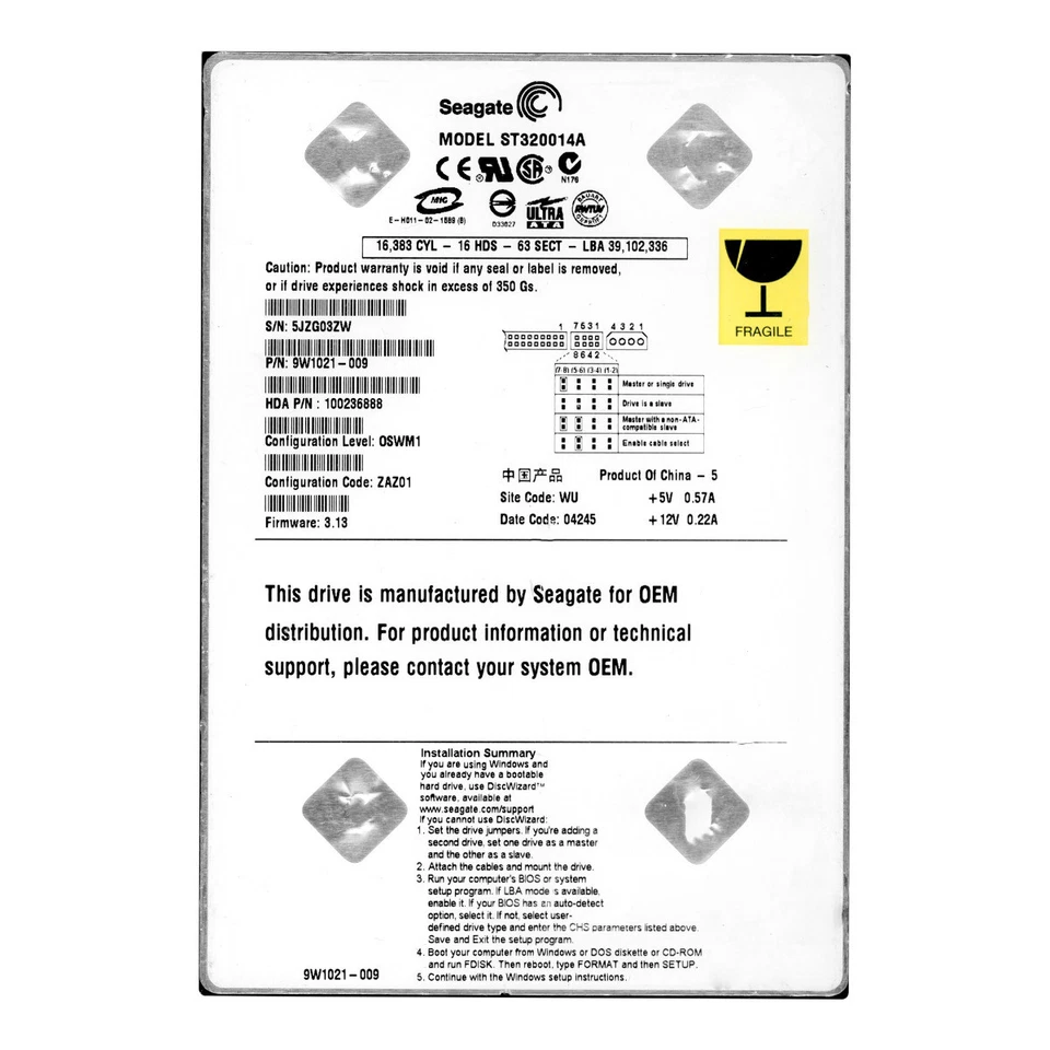 Hard Drive Seagate U-Series X 20GB 5400RPM 2MB PATA ATA IDE ST320014A 3.5" Inch - Image 1 of 2