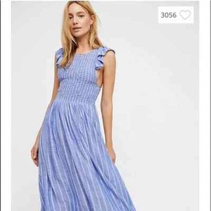 Free People Butterflies Chambray Small Blue White Summer Maxi Pinafore Dress - Picture 1 of 9