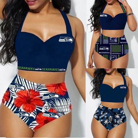 Seattle Seahawks 2PCS Women's Floral Bikini Butt Lift Swimsuit Bathing Suit Cover