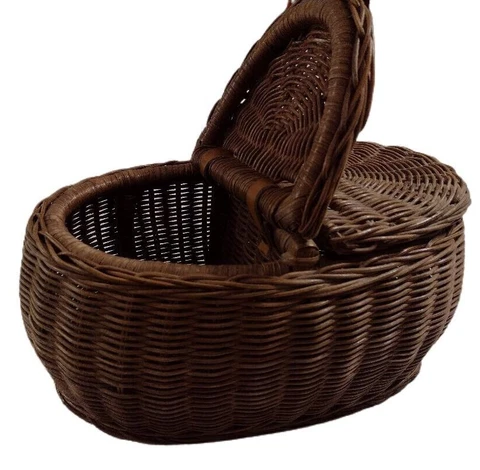 Vintage Wicker Divided Storage Basket with Leather Straps and Two Lids Cover