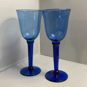 Paar kobaltblaue mundgeblasene hohe Weingläser mit Stiel oder Wasserkelche 9 Zoll - Bild 1 von 5