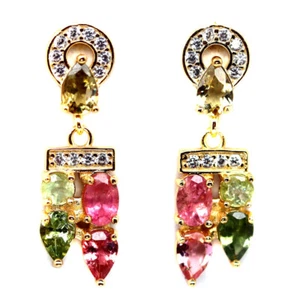 Unheated Fancy Color Tourmaline & Cubic Zirconia Earrings 925 Sterling Silver - Picture 1 of 4