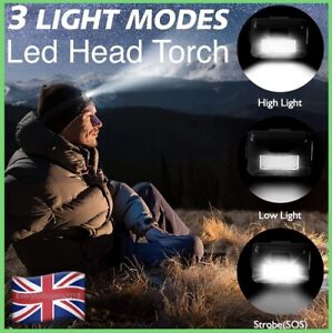 COB LED Head Torch Headlamp Work Light Headlight Waterproof Outdoor Battery UK