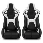 Black+White PVC Reclinable Sport Racing Seats Pair W/Slider Left/Right