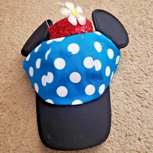 NWT Disney Parks Blue Polka Dot Minnie Ears Daisy Flower Baseball Cap Hat - Picture 1 of 4
