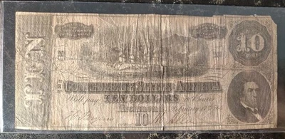 Billete de 10 dólares de los Estados Confederados de América de 1864 - Billete Richmond T-68 - Cur de la Guerra Civil Foto 1 de 4