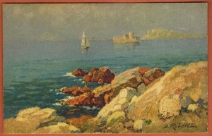 AK-Illustrator E.Robert-Aquarell-Meerblick-Boot-Schloss-Schweiz - Bild 1 von 2