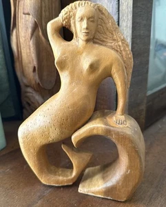 "Estatuilla de sirena tallada a mano figura desnuda de madera escultura de 8"" de alto" - Imagen 1 de 5