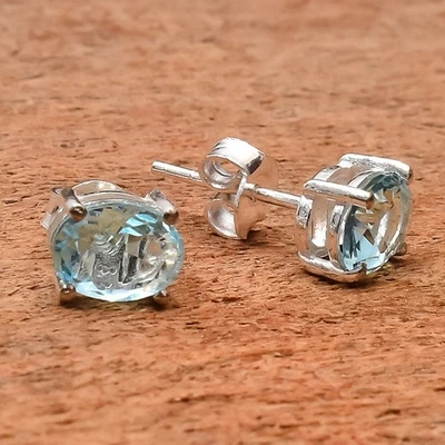 Aquamarine Gemstone Handmade 925 Sterling Silver Women Stud Earrings - Image 1 of 4
