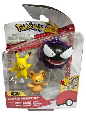 精灵宝可梦 3 英寸战斗可动人偶套装 3 件装 - Teddiursa、Pikachu、Ghastly — 第 1/4 张图片