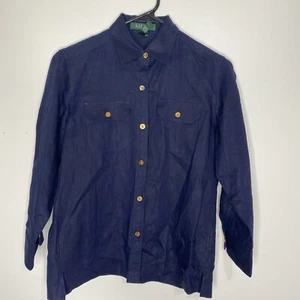 Lauren Ralph Linen Shirt Navy Blue Gold Button Down Anchor Nautical Womens PS - Picture 1 of 8