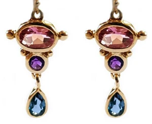 E080 Genuine 9K or 18K Gold Natural Pink Tourmaline Amethyst Drop Earrings Pride - Picture 1 of 2
