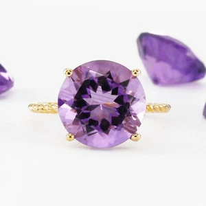 14K Solid Yellow Gold 5 Ctw Natural Amethyst Gemstone Solitaire Engagement Ring - Picture 1 of 15