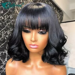 Short Wave Bob Wig With Bangs Brazilian Human Hair Scalp Top Machine Made Wigs - Picture 1 of 12