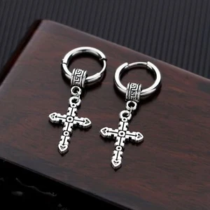 Men Circle Cross Earring Women Jesus Christ Earrings Punk Rock Ear Dangle 1Pair - Picture 1 of 12