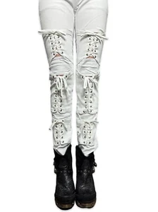 Tripp NYC Lace Moto Punk Goth Rocker Biker Stage Rave Skinny White Jeans Pants - Picture 1 of 12