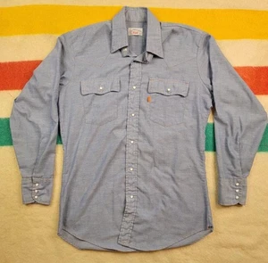 Levis Orange Tab Vintage 70’s Chambray Shirt Pearl Snap Size Medium Long Sleeve - Picture 1 of 6