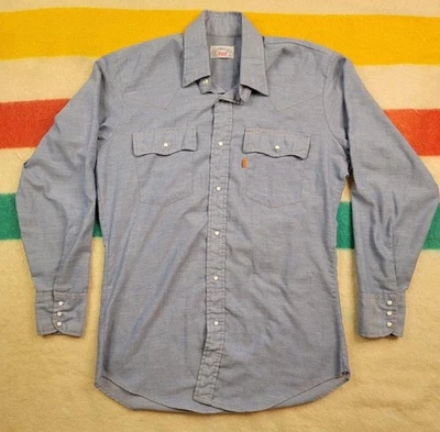 Levis Orange Tab Vintage 70’s Chambray Shirt Pearl Snap Size Medium Long Sleeve - Image 1 of 4