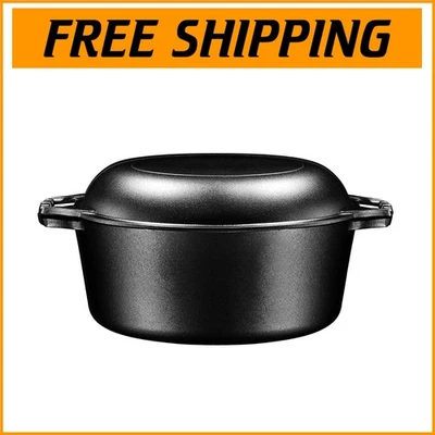 Multi-Use 7 Qt Cast Iron Double Dutch Oven with Scratch-Resistant Black Finish - Image 1 of 4
