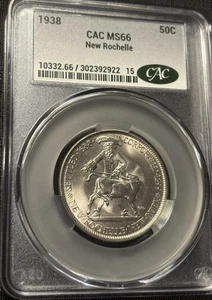 1938 NEW ROCHELLE COMMEMORATIVE HALF DOLLAR CAC MS66, GREAT STRIKE - Picture 1 of 4