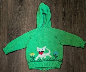 Vtg Handmade Green Spring Cat cowichan sweater Hooded Unisex 12 M - Picture 1 of 2