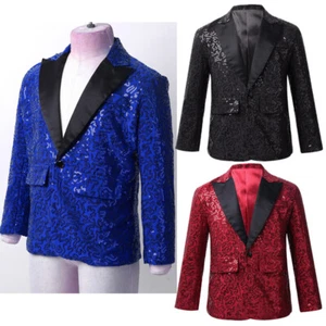 Kids Boys Coat Formal Blazer Birthday Jacket Sequins Costume Top Lapel Suit - Picture 1 of 60