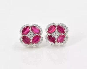 14K White Gold Plated 1.60Ct Oval Cut Lab-Created Ruby Halo Women Stud Earring - Picture 1 of 4