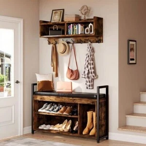 Industrial Entryway Hall Tree Garment Coat Rack W/ Shoe Bench Storage Shelves - Picture 1 of 5