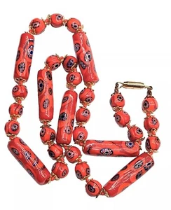 Vintage Red Millefiore Murano Italian Glass Hand Knotted Bead Necklace 20" - Picture 1 of 9